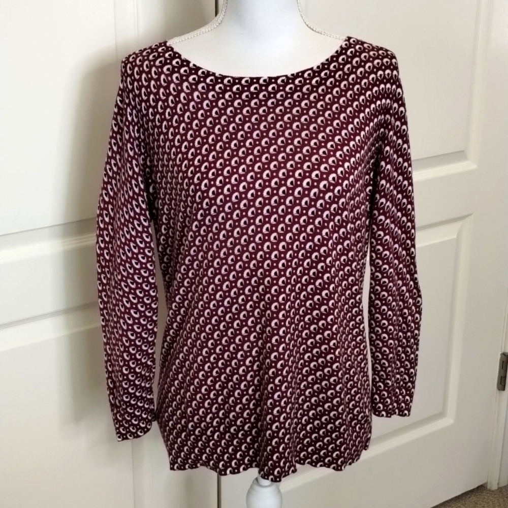 Ann Taylor LOFT sweater size large lightweight burgundy and black print LS LOFT